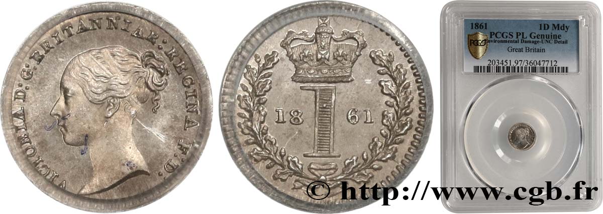 REGNO UNITO 1 Penny Victoria “Bun Head” Proof Like 1861  MS PCGS