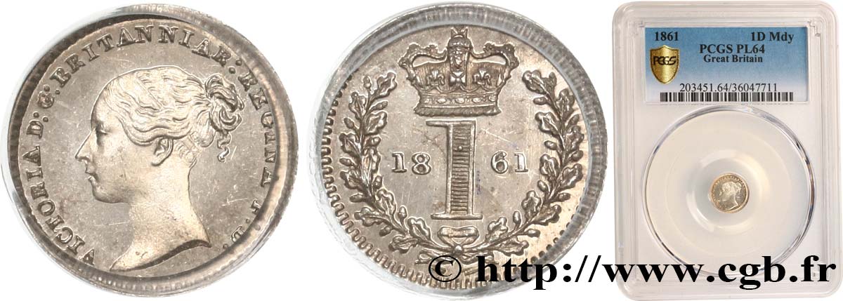 GRANDE BRETAGNE - VICTORIA 1 Penny “Bun Head” Prooflike 1861  SPL64 PCGS