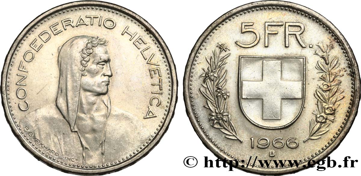 SCHWEIZ 5 Francs Berger des Alpes 1966 Berne - B VZ 
