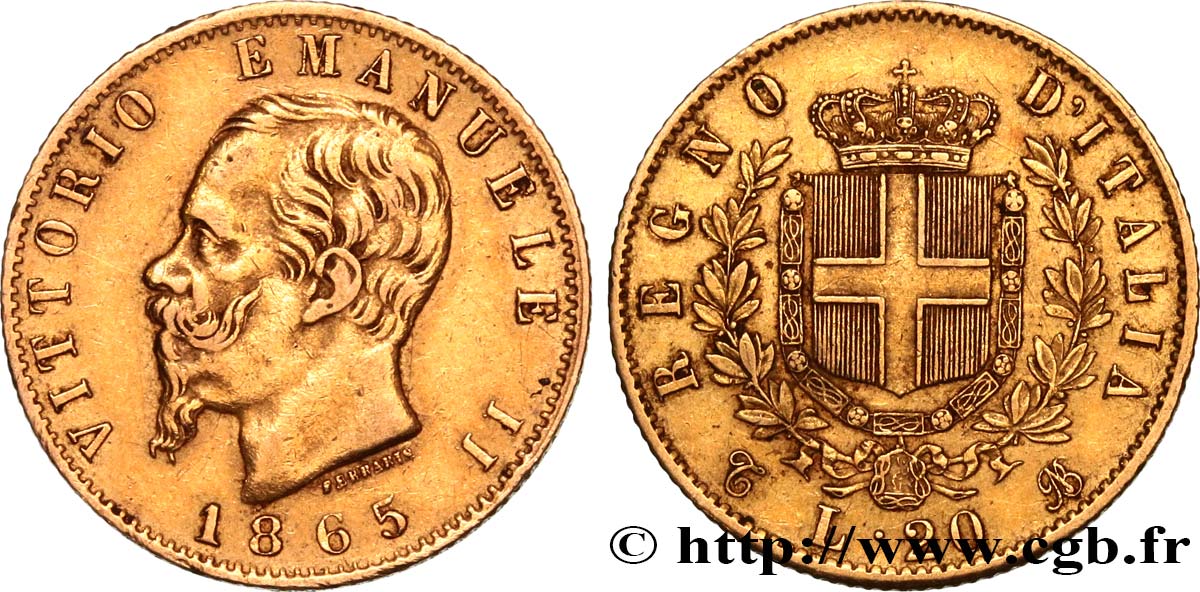INVESTMENT GOLD 20 Lire Victor Emmanuel II  1865 Turin BB 