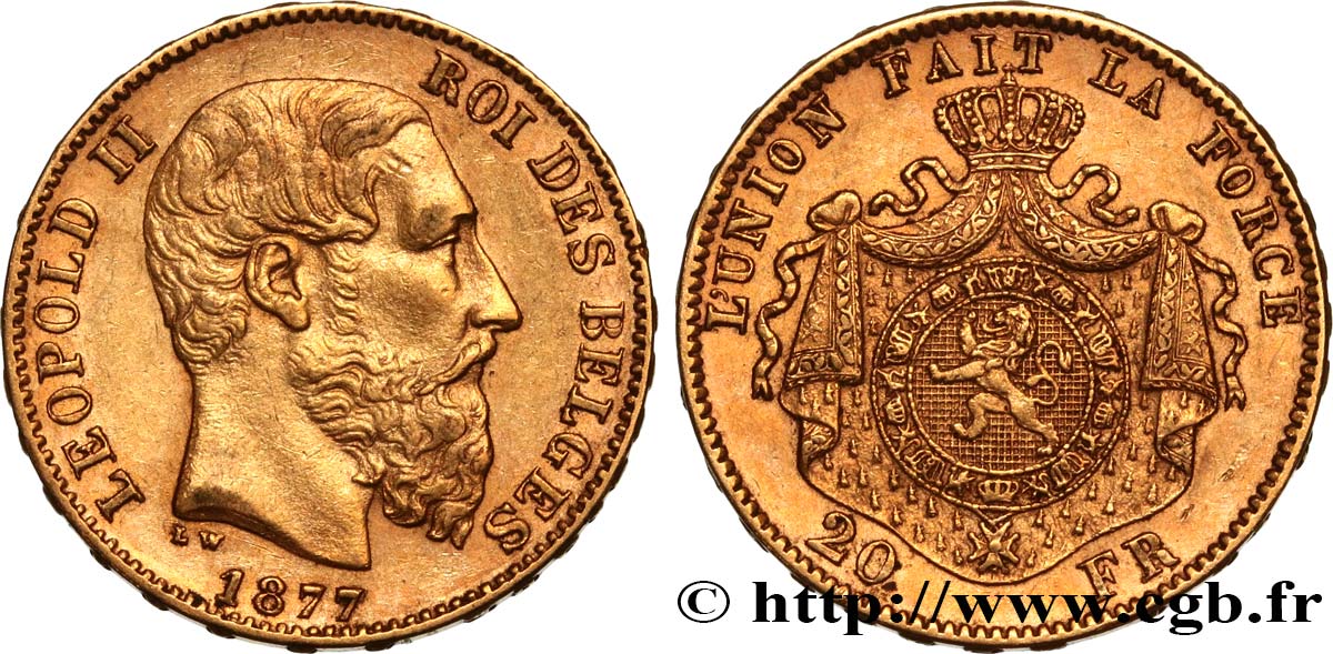 INVESTMENT GOLD 20 Francs Léopold II 1877 Bruxelles fVZ 