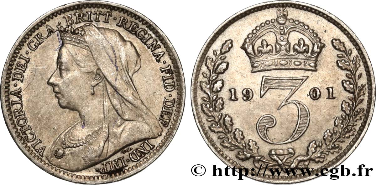 ROYAUME-UNI 3 Pence Victoria 1901  TTB+ 