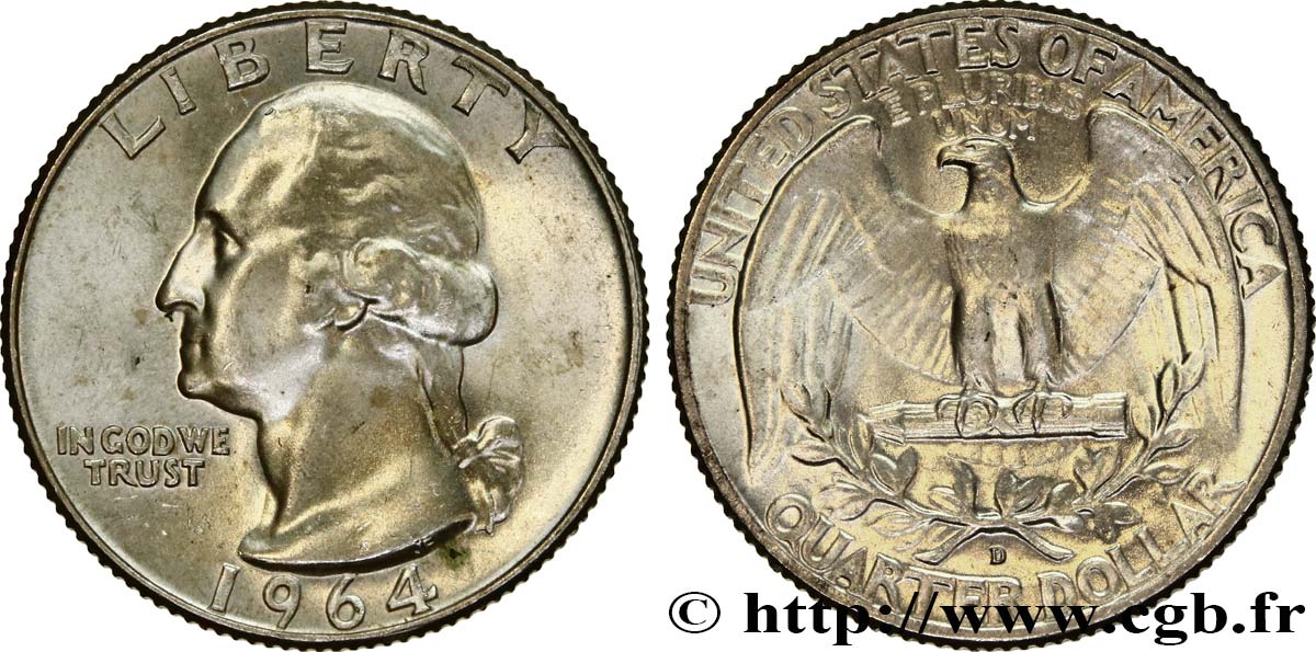 VEREINIGTE STAATEN VON AMERIKA 1/4 Dollar Georges Washington 1964 Denver VZ 