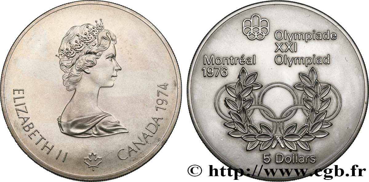 KANADA 5 Dollars JO Montréal 1976 anneaux olympiques 1974  VZ 