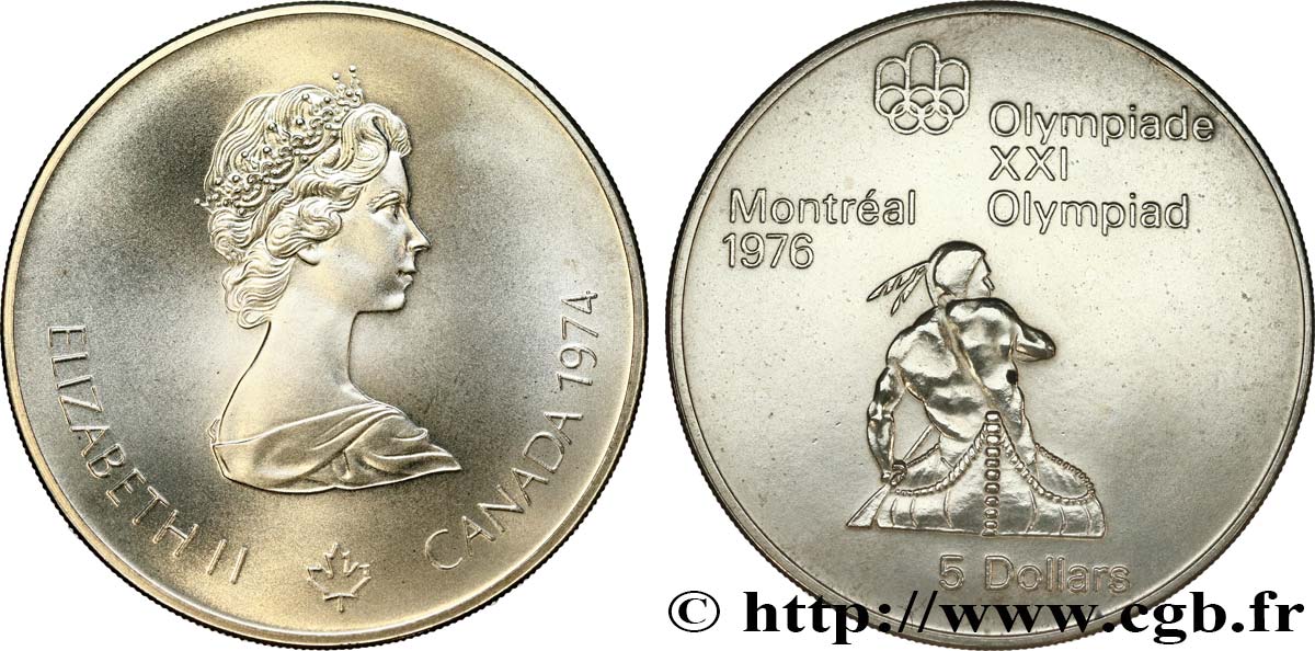 KANADA 5 Dollars JO Montréal 1976 indien et canoé 1974  VZ 