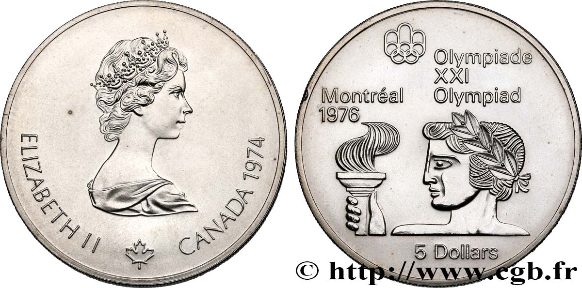 KANADA 5 Dollars JO Montréal 1976 torche olympique 1974  VZ 