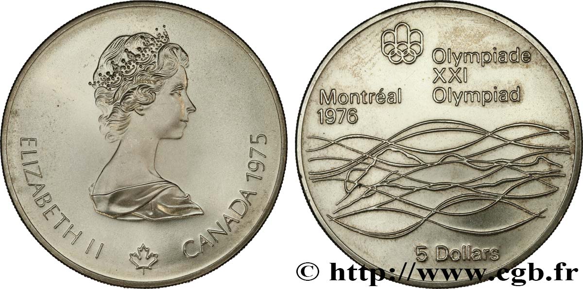 KANADA 5 Dollars JO Montréal 1976 natation 1975  VZ 