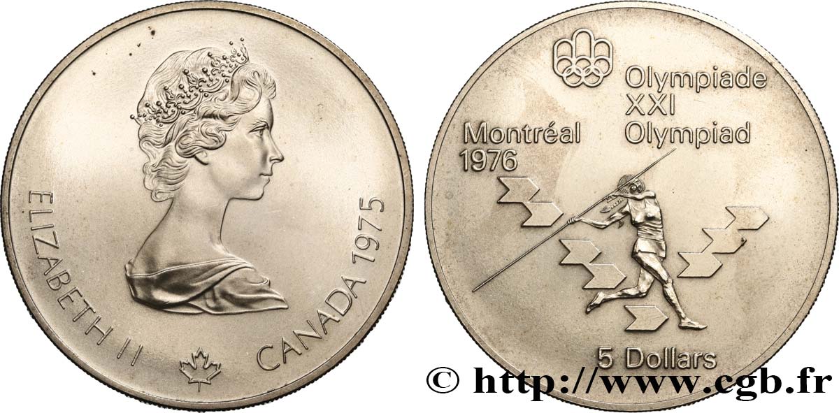 KANADA 5 Dollars JO Montréal 1976 lancer du javelot 1975  VZ 