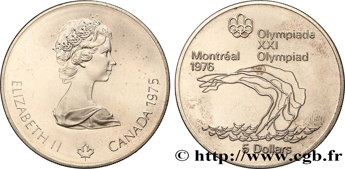 CANADA 5 Dollars JO Montréal 1976 plongeon 1975  AU 