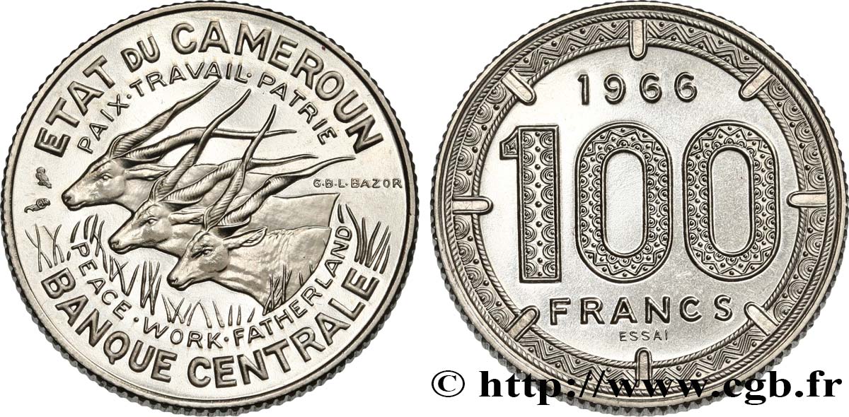 CAMERUN Essai de 100 Francs Etat du Cameroun, commémoration de l’indépendance, antilopes 1966 Paris FDC 