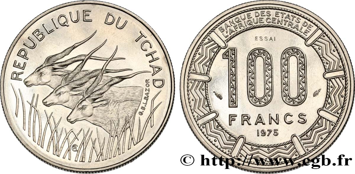 CIAD Essai de 100 Francs type “BEAC”, antilopes 1975 Paris FDC 
