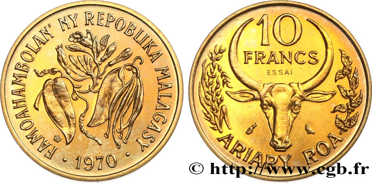 MADAGASKAR Essai de 10 Francs - 2 Ariary buffle / fèves 1970 Paris fST 