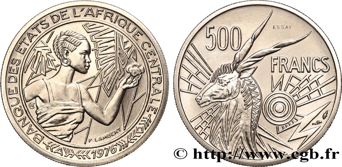 STATI DI L  AFRICA CENTRALE Essai de 500 Francs femme / antilope lettre ‘A’ Tchad 1976 Paris FDC 