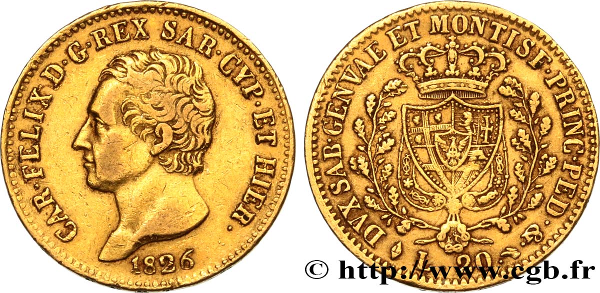 ITALY - KINGDOM OF SARDINIA 20 Lire Charles-Félix 1826 Turin XF 