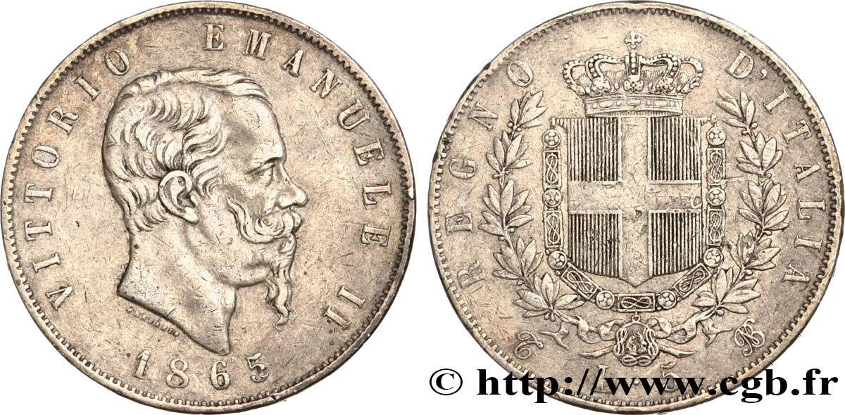 ITALY - KINGDOM OF ITALY - VICTOR-EMMANUEL II 5 Lire 1865 Turin XF 