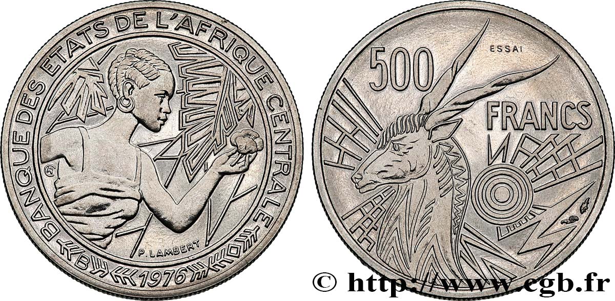 ESTADOS DE ÁFRICA CENTRAL
 Essai de 500 Francs femme / antilope lettre ‘B’ République Centrafricaine 1976 Paris FDC 
