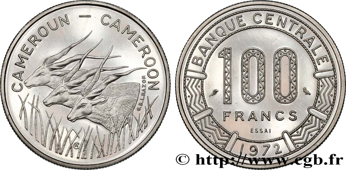 CAMEROUN Essai de 100 Francs légende bilingue, type Banque Centrale, antilopes 1972 Paris FDC 