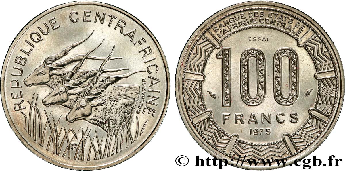 CENTRAL AFRICAN REPUBLIC Essai de 100 Francs antilopes type “BEAC” 1975 Paris MS 