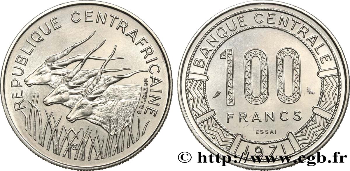 REPUBBLICA CENTRAFRICANA Essai de 100 Francs antilopes 1971 Paris FDC 