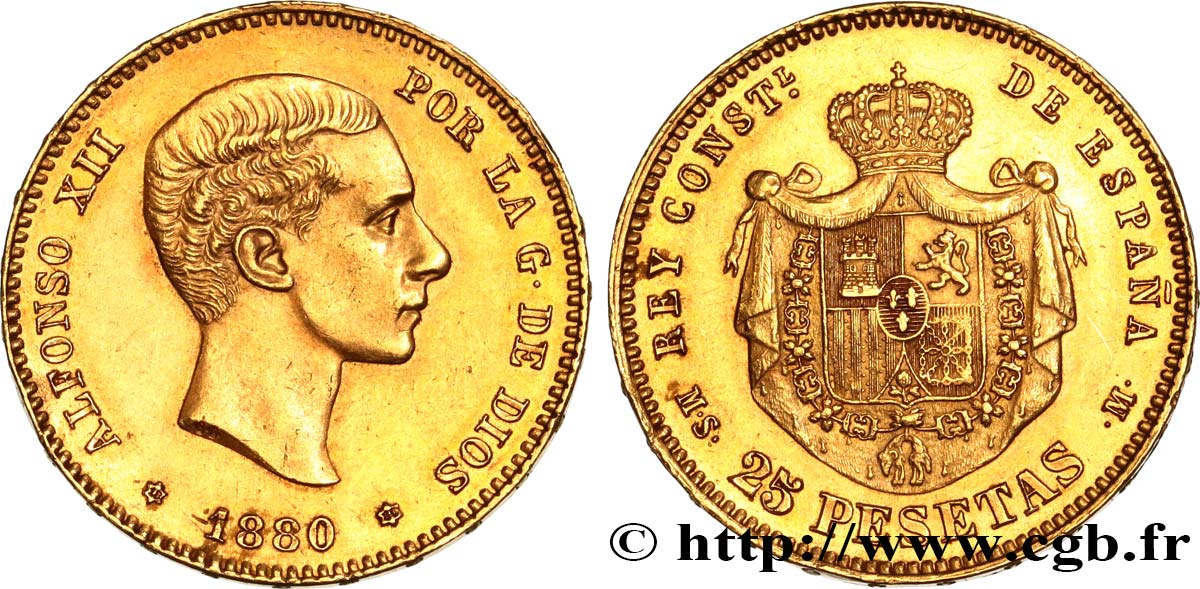 SPAIN 25 Pesetas Alphonse XII 1880 Madrid AU 