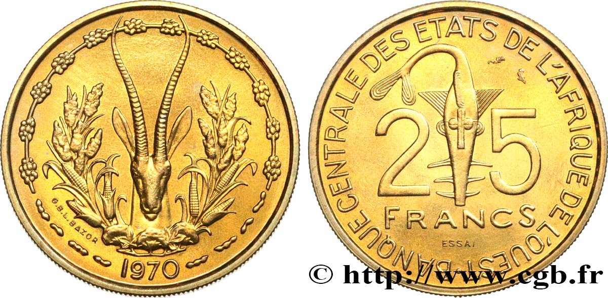 ÉTATS DE L AFRIQUE DE L OUEST (BCEAO) Essai de 25 Francs 1970 Paris SPL 