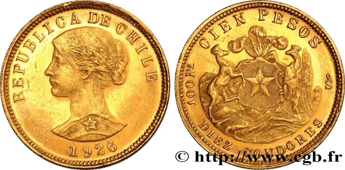 CHILE 100 Pesos or ou 10 Condores en or, 1er type 1926 Santiago MS 