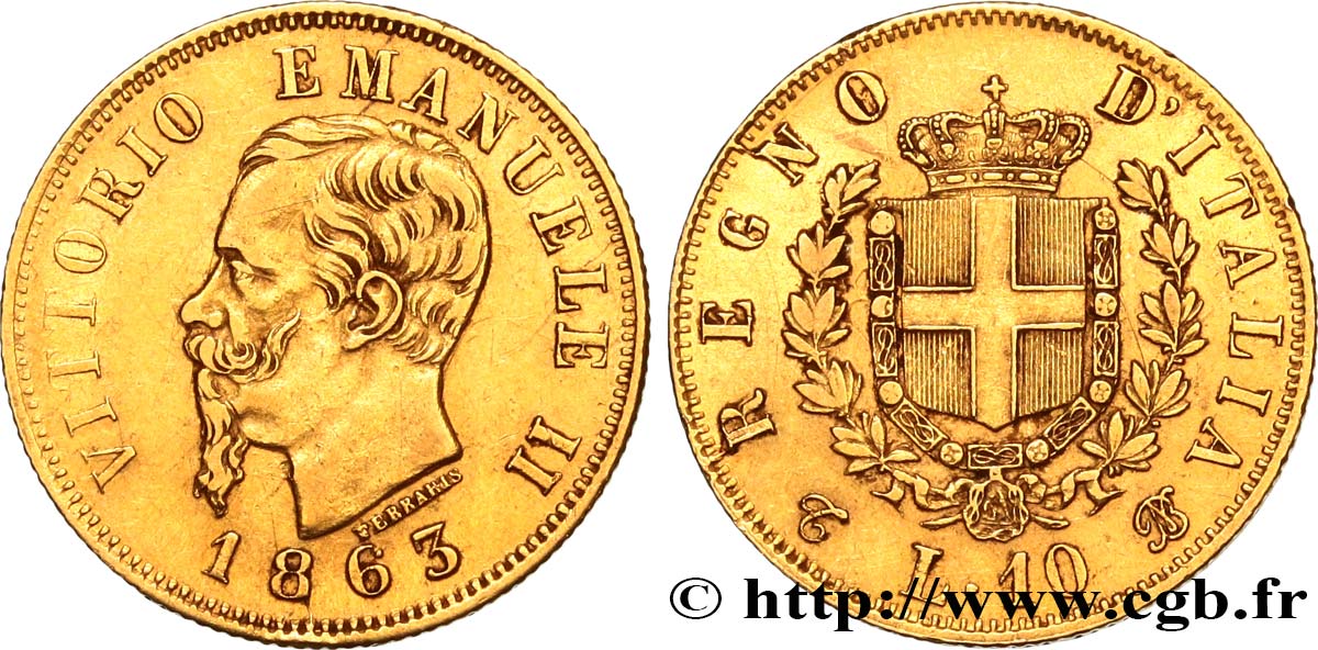 ITALIA 10 Lire Victor Emmanuel II 1863 Turin MBC 