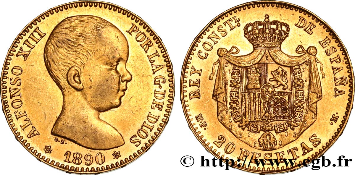 SPAIN 20 Pesetas Alphonse XIII 1890 Madrid AU 