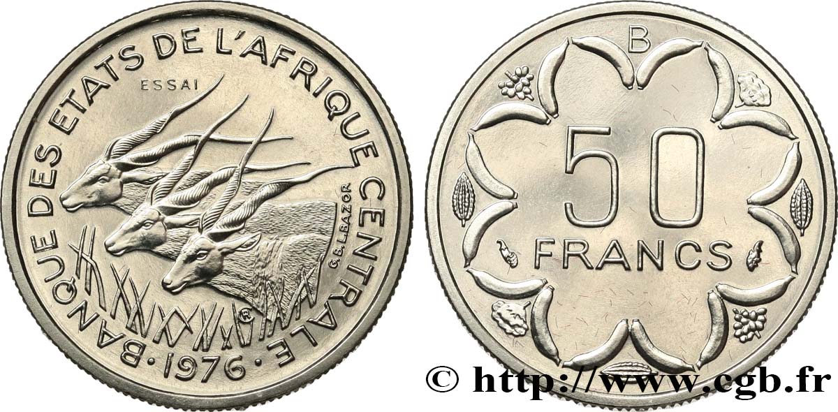 ÉTATS DE L AFRIQUE CENTRALE Essai de 50 Francs antilopes lettre ‘B’ République Centrafricaine 1976 Paris FDC 
