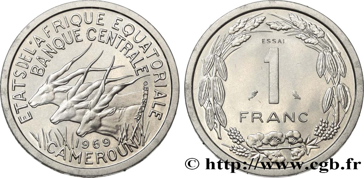 ÉTATS DE L AFRIQUE ÉQUATORIALE Essai de 1 Franc antilopes 1969 Paris FDC 