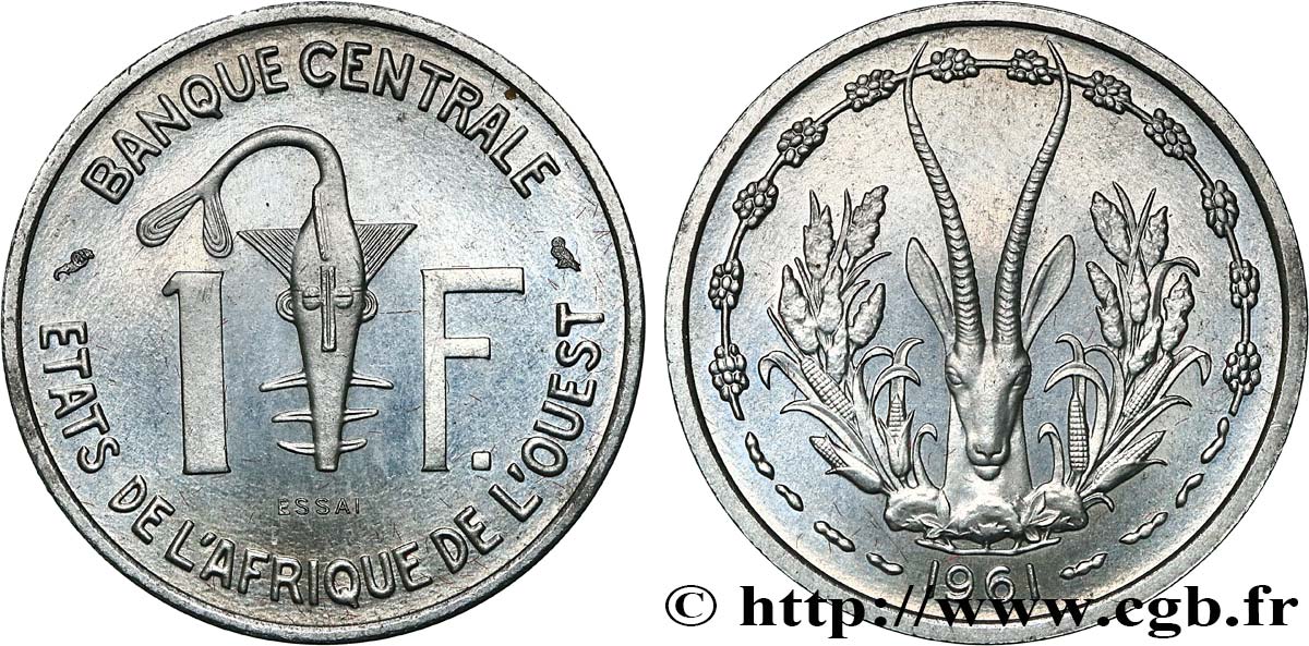 WESTAFRIKANISCHE LÄNDER Essai de 1 Franc masque / antilope 1961 Paris fST 