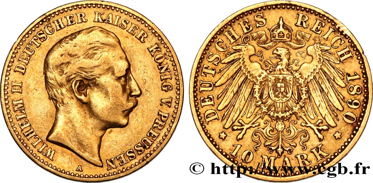 GERMANY - PRUSSIA 10 Mark Guillaume II 1890 Berlin VF 