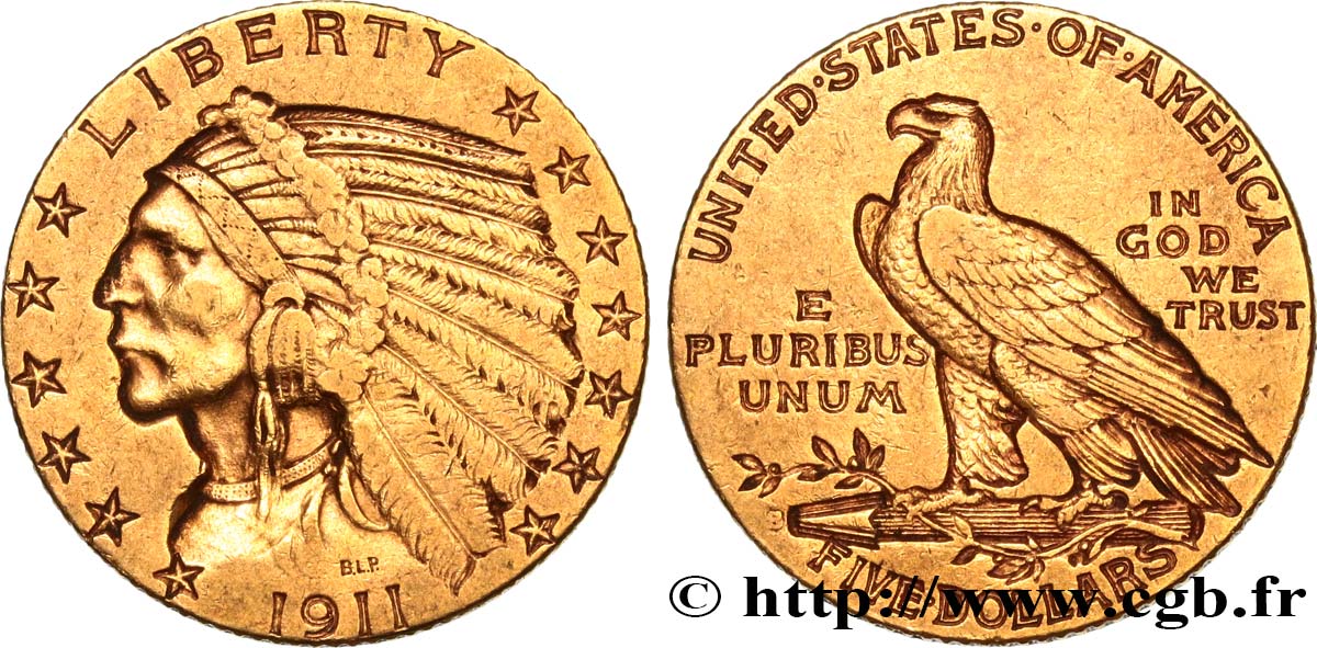 UNITED STATES OF AMERICA 5 Dollars  Indian Head  1911 San Francisco VF 