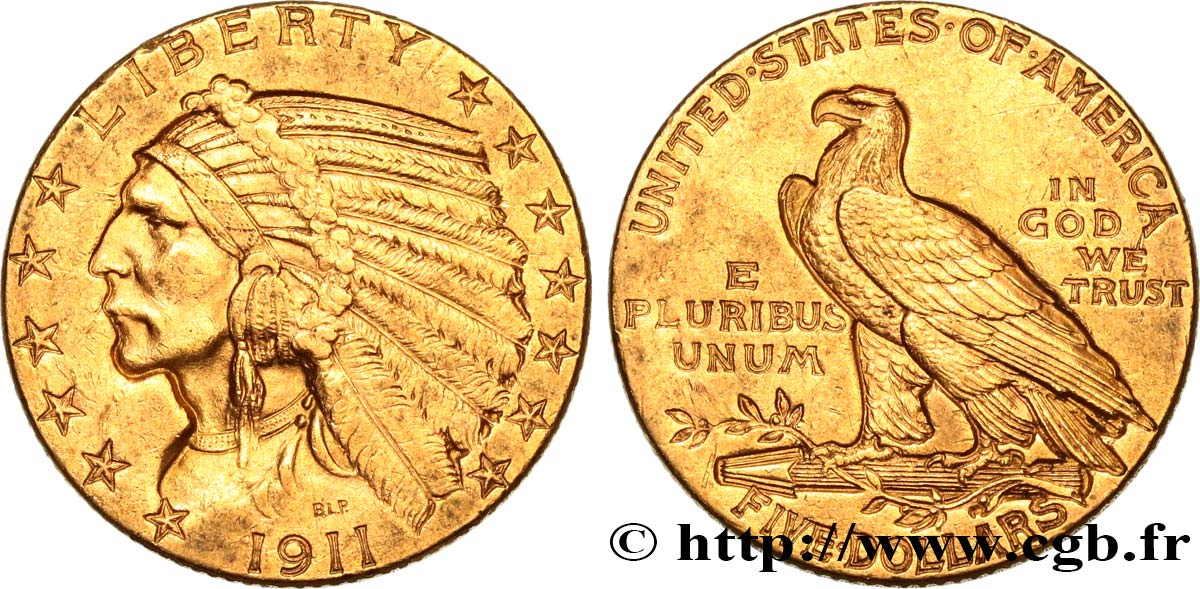 ÉTATS-UNIS D AMÉRIQUE 5 Dollars  Indian Head  1911 Philadelphie TTB 