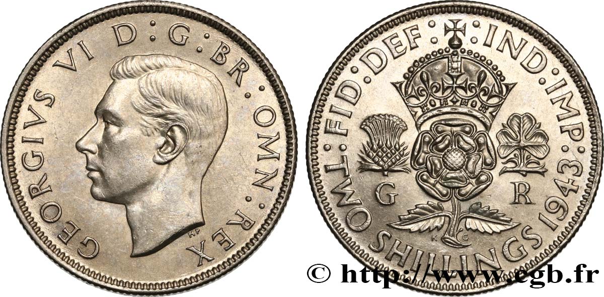 UNITED KINGDOM 1 Florin (2 Shillings) Georges VI 1943  AU 