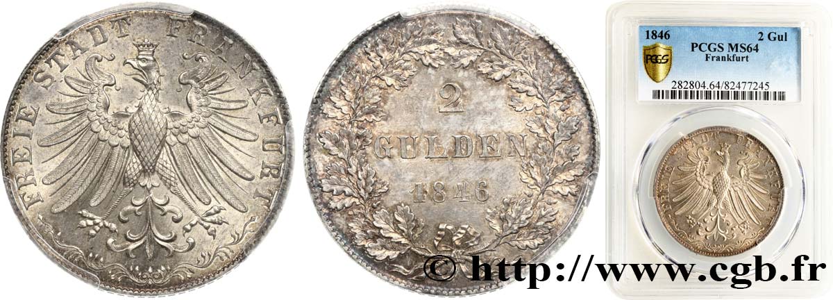 GERMANIA - LIBERA CITTA DE FRANCOFORTE 2 Gulden 1846 Francfort MS64 PCGS