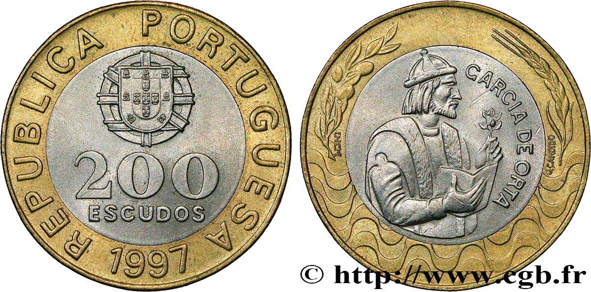 PORTUGAL 200 Escudos emblème / le médecin et Botaniste Garcia de Orta 1997  SC 