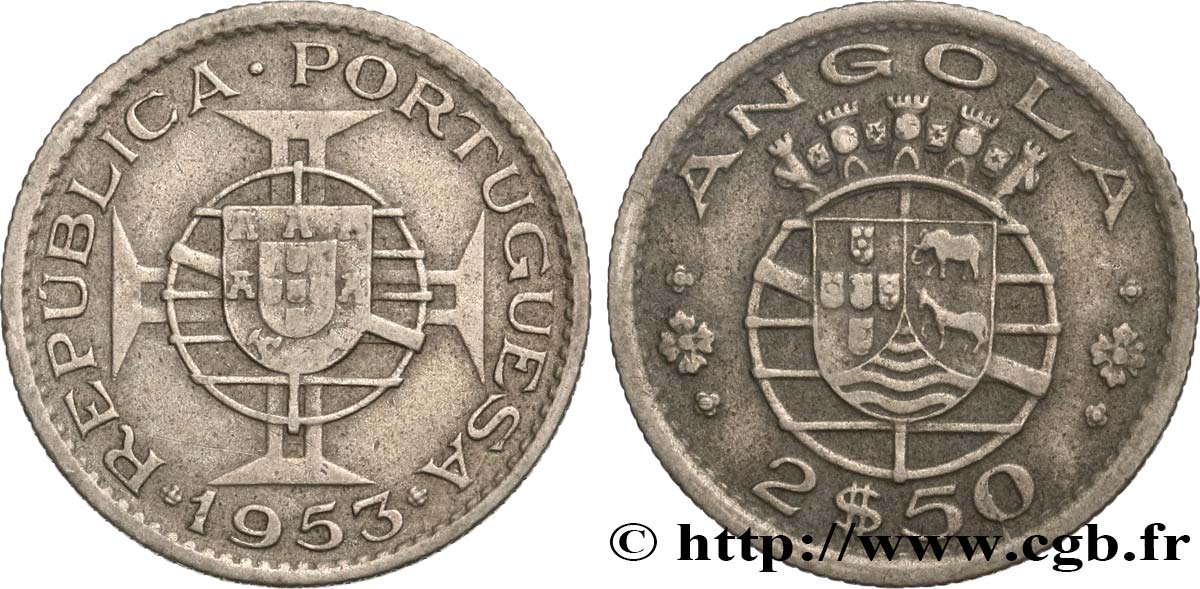 ANGOLA 2 1/2 Escudos emblème du Portugal 1953  XF 