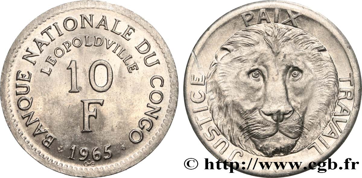 REPUBBLICA DEMOCRATICA DEL CONGO 10 Francs Banque Nationale du Congo 1965 Bruxelles MS 