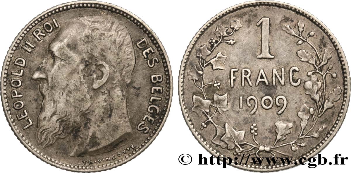 BELGIQUE 1 Franc Léopold II légende française 1909  TTB 