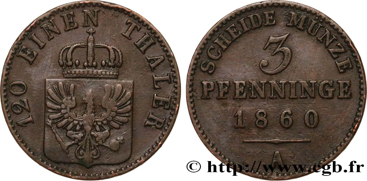 GERMANIA - PRUSSIA 3 Pfenninge Royaume de Prusse écu à l’aigle 1860 Berlin BB 