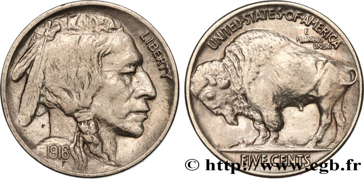 ÉTATS-UNIS D AMÉRIQUE 5 Cents Tête d’indien ou Buffalo 1916 Philadelphie TTB 