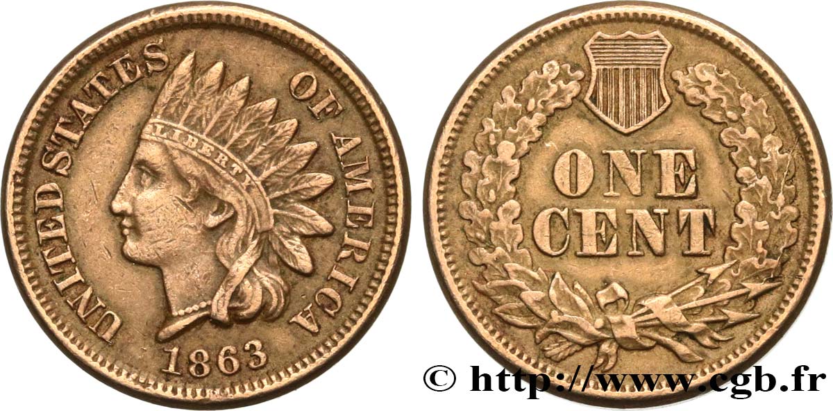 ÉTATS-UNIS D AMÉRIQUE 1 Cent tête d’indien 2e type 1863  TTB 