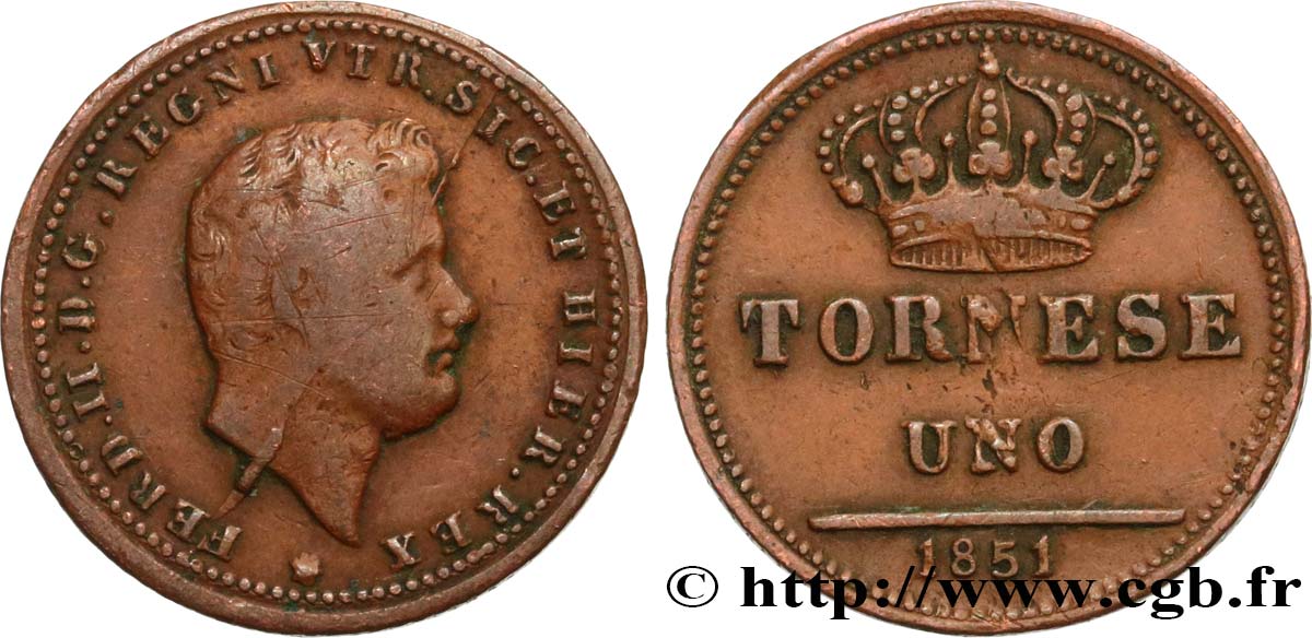 ITALY - KINGDOM OF THE TWO SICILIES 1 Tornese Ferdinand II 1851 Naples VF 