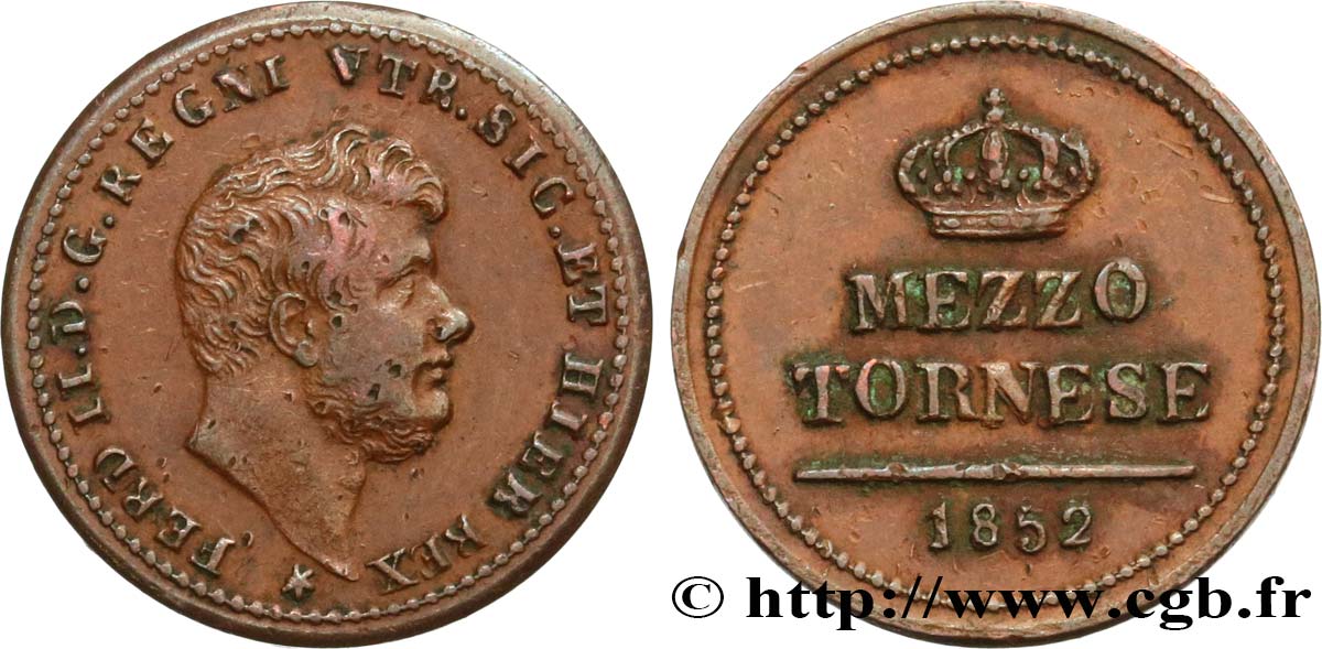 ITALY - KINGDOM OF TWO SICILIES 1/2 Tornese Ferdinand II 1852 Naples AU 