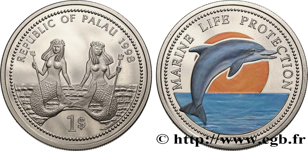 PALAU 1 Dollar Proof Sirènes / grand dauphin 1998  fST 