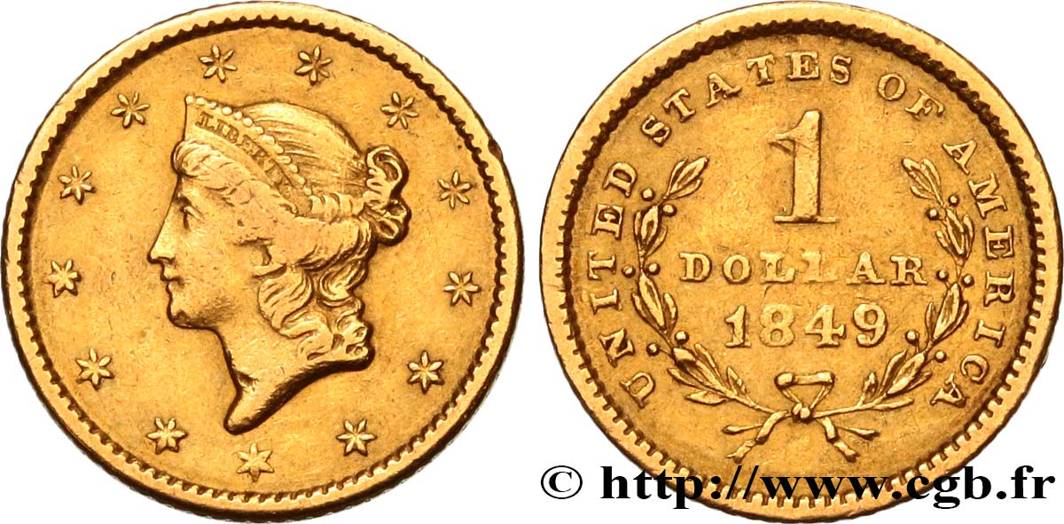 ESTADOS UNIDOS DE AMÉRICA 1 Dollar Or  Liberty head , 1er type 1849 Philadelphie MBC 