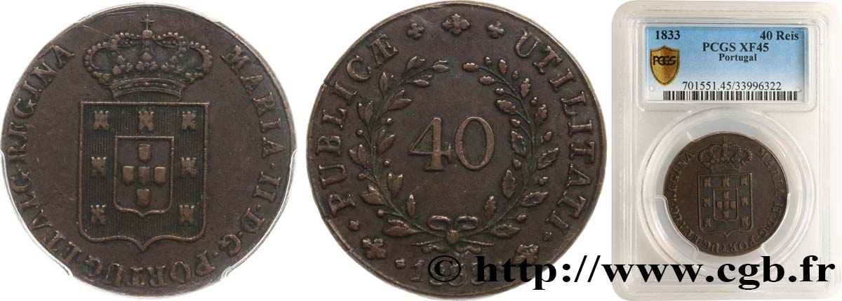 PORTUGAL - ROYAUME DE PORTUGAL - MARIE II  1 Pataco (40 Réis) 1833  TTB45 PCGS
