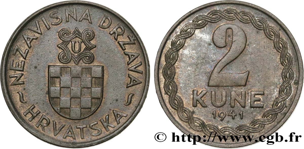 CROATIA 2 Kune symbole oustachi sur écu croate 1941  AU 