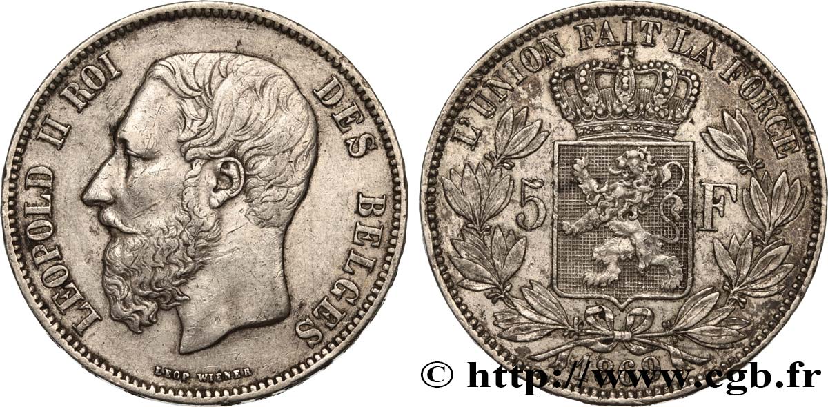 BELGIQUE 5 Francs Léopold II 1869  TTB 